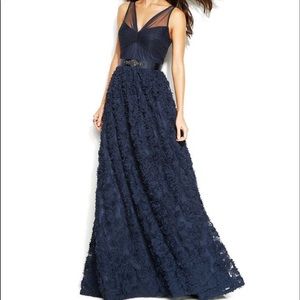 Adrianna Papell Women's Blue Floral Beaded Embroidered Formal Dress